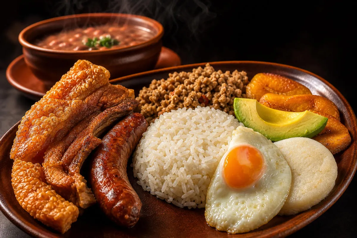 Bandeja paisa con frijoles, chicharrón, huevo y aguacate